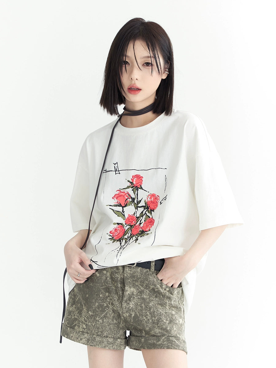 Rose Print Oversize Short Sleeve T-Shirt NA2741