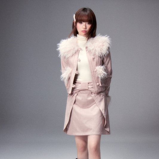 Fur Collar Bow Jacket & Bow Suede Skirt Setup NA8800