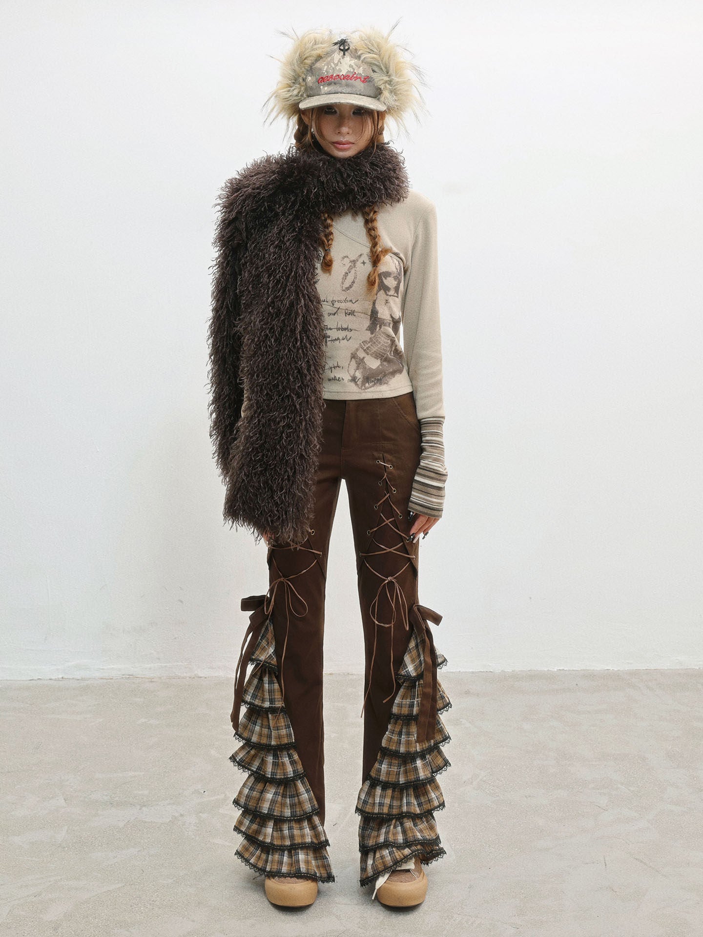 Plaid Lace-Up Ruffle Slimming Pants NA8559