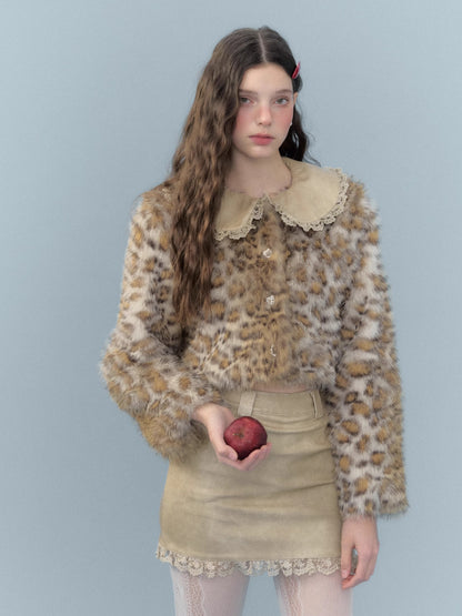 Leopard Print Fur Jacket & Lace Patchwork PU Leather Skirt Setup NA5822