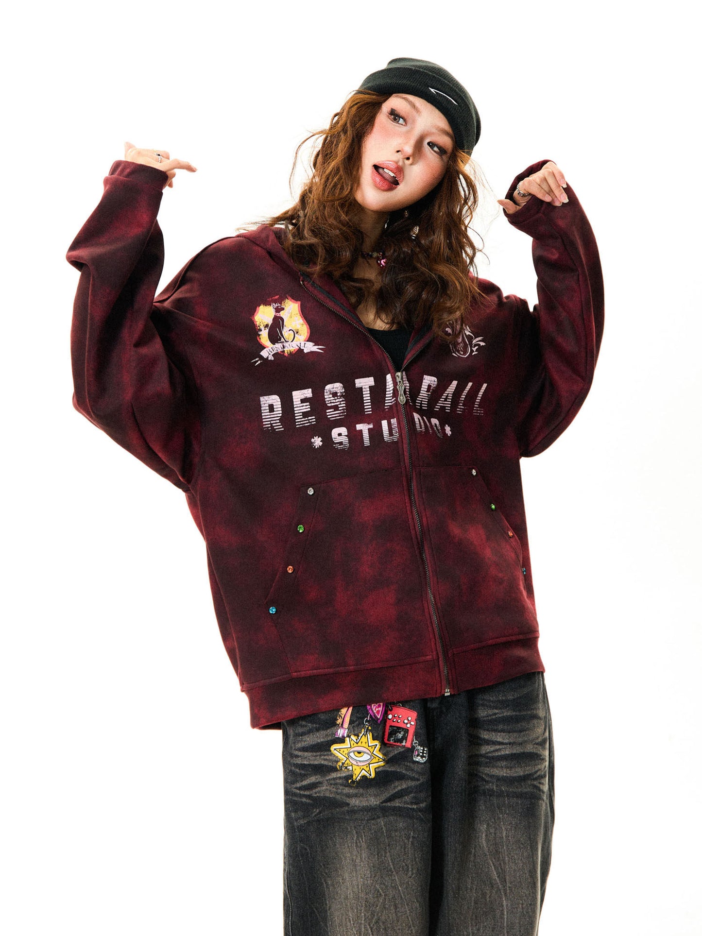 Tie-Dye Letter Print Oversize Zipper Hoodie NA9388