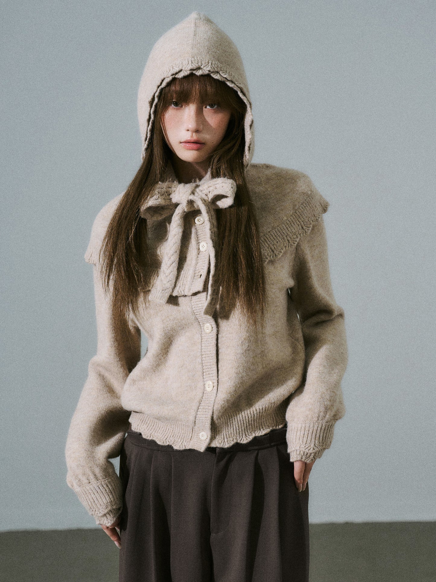 Ruffled Collar and Bow Detail Knit Cardigan NA8824