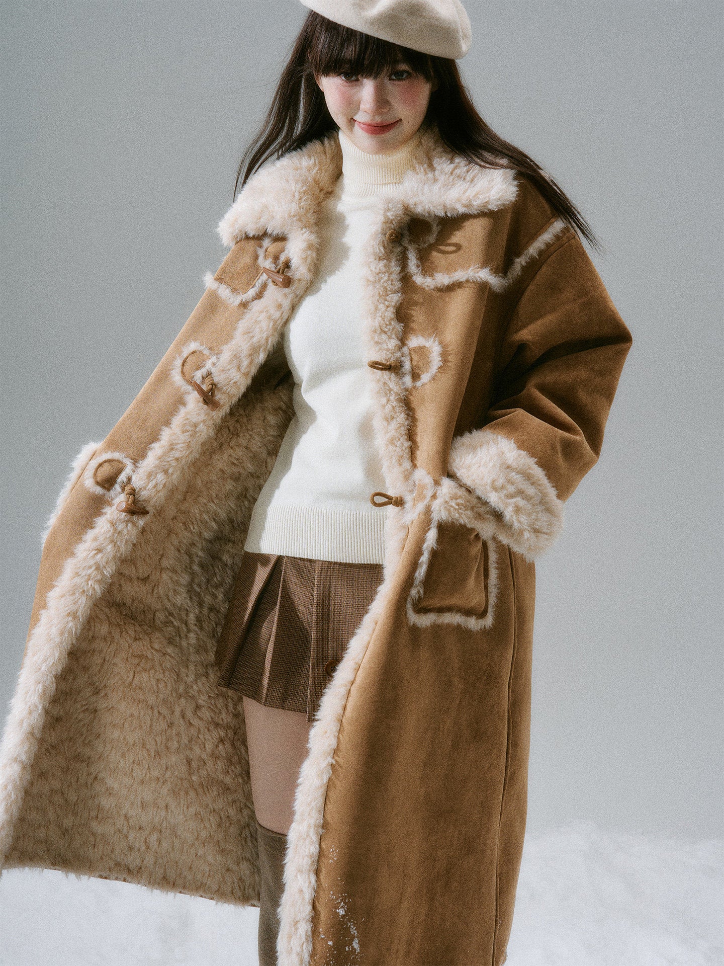 Cream Oak College Vintage Fur Horn Button Coat NA8810