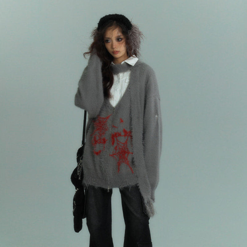 V-Neck Fake Mink Damage Zipper Knit Cardigan NA8876