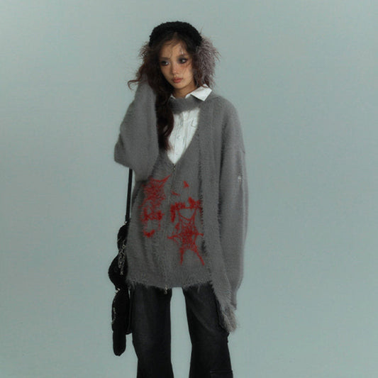 V-Neck Fake Mink Damage Zipper Knit Cardigan NA8876