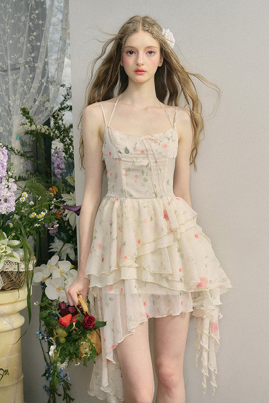 Irregular Hem Length Rose Print Hanging Neck Strap Dress NA5929