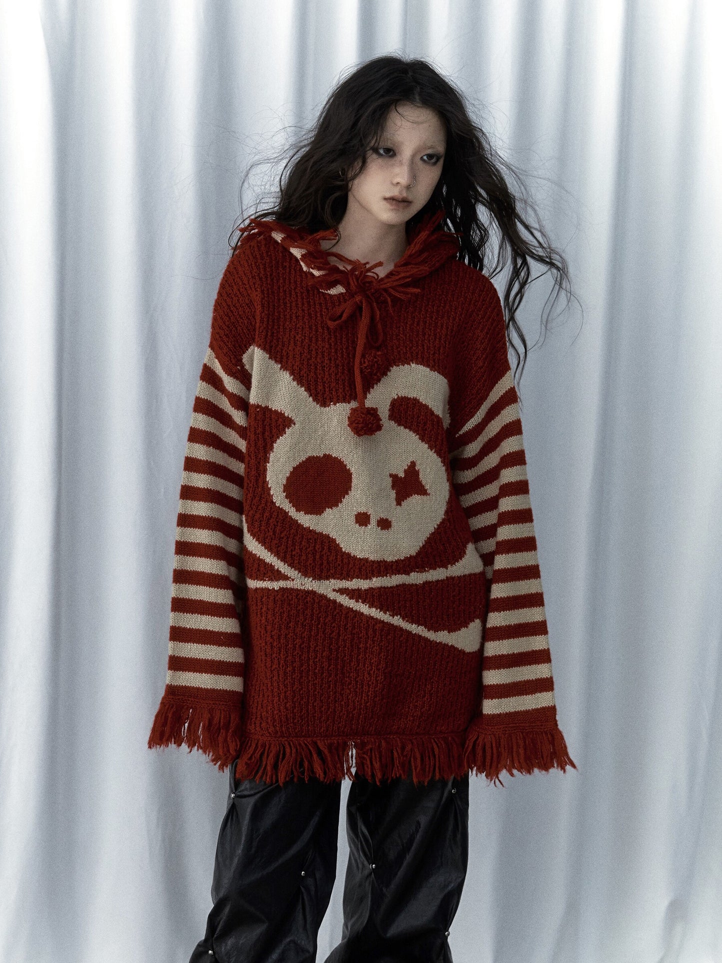 Skull Print Stripe Oversize Knit Hoodie NA8999