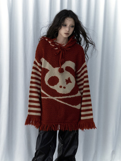 Skull Print Stripe Oversize Knit Hoodie NA8999
