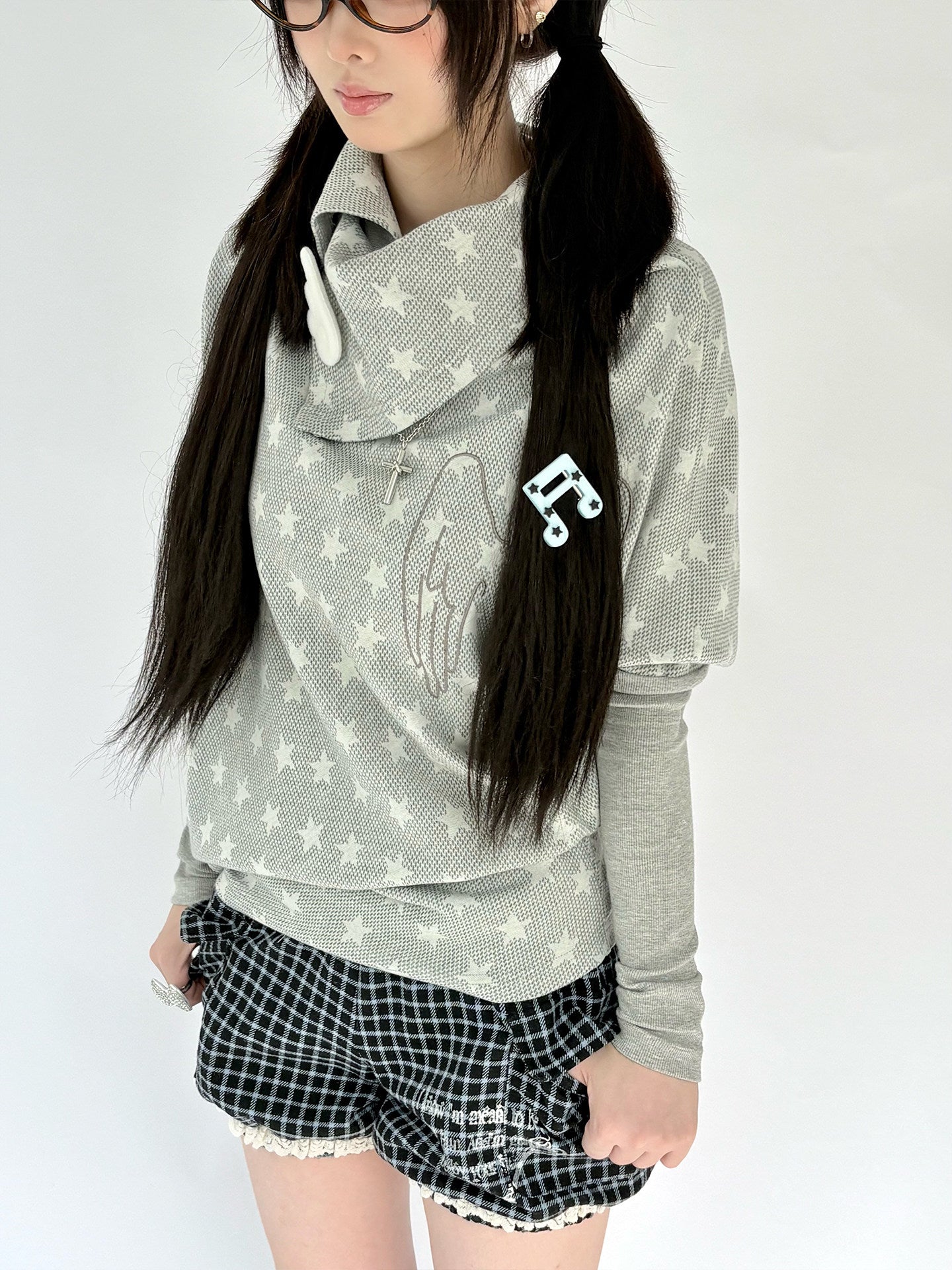 Star Print Asymmetrical High-Neck Long Sleeve T-Shirt NA9267