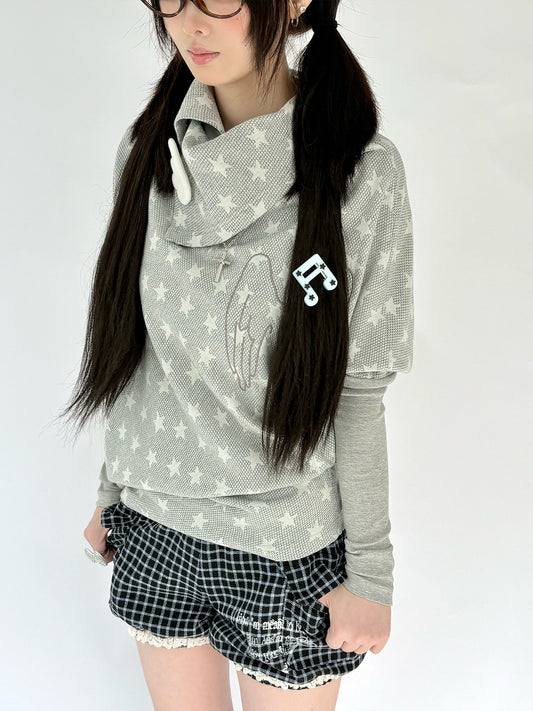 Star Print Asymmetrical High-Neck Long Sleeve T-Shirt NA9267
