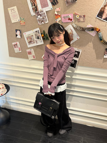 Striped Lace Trim Tie Detail Long Sleeve T-Shirt NA9285