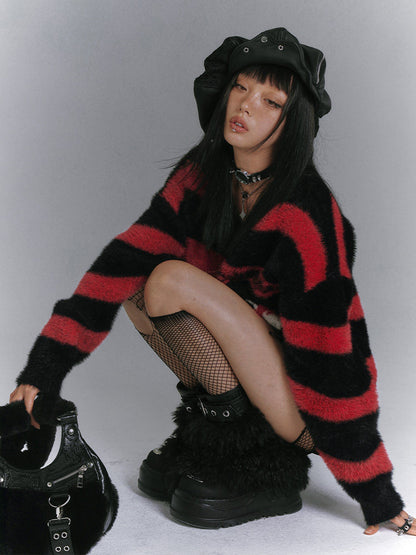 Mohair Spider Pattern Stripe Oversize V-Neck Knit Sweater NA8894