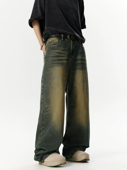 Washed Yellow Mud Dyed Wide Leg Denim Jeans NA3009