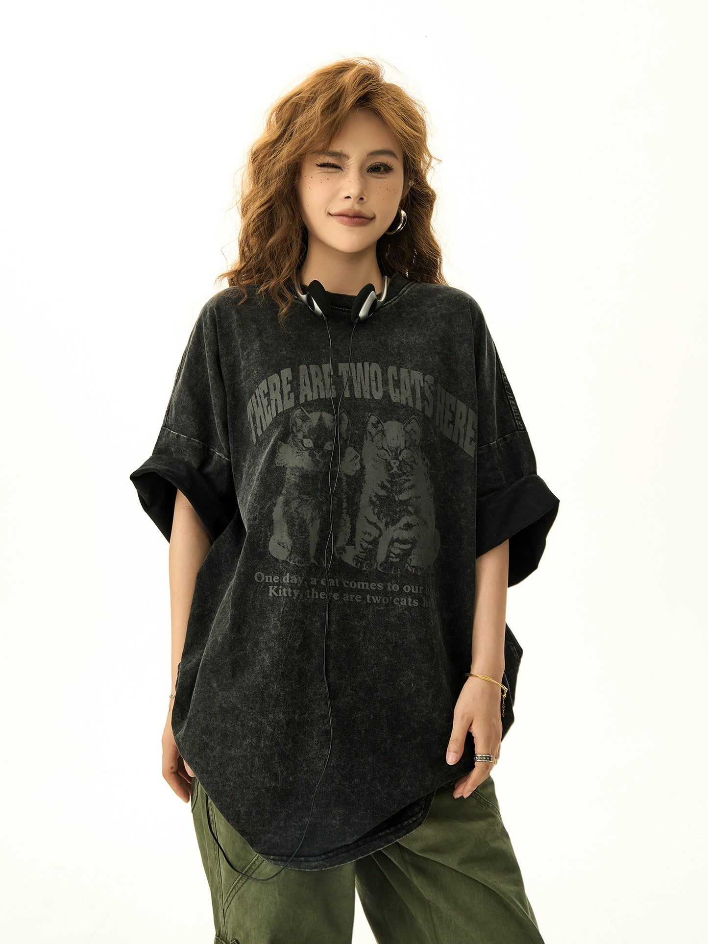 Cat Print Oversize Short Sleeve T-shirt NA3172