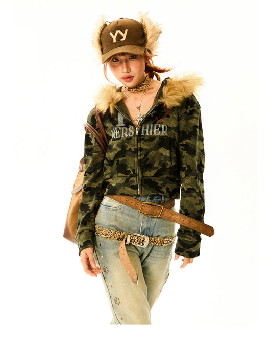 Camouflage Fake Fur Trim Star Patch Zipper Hooded Jacket NA9434