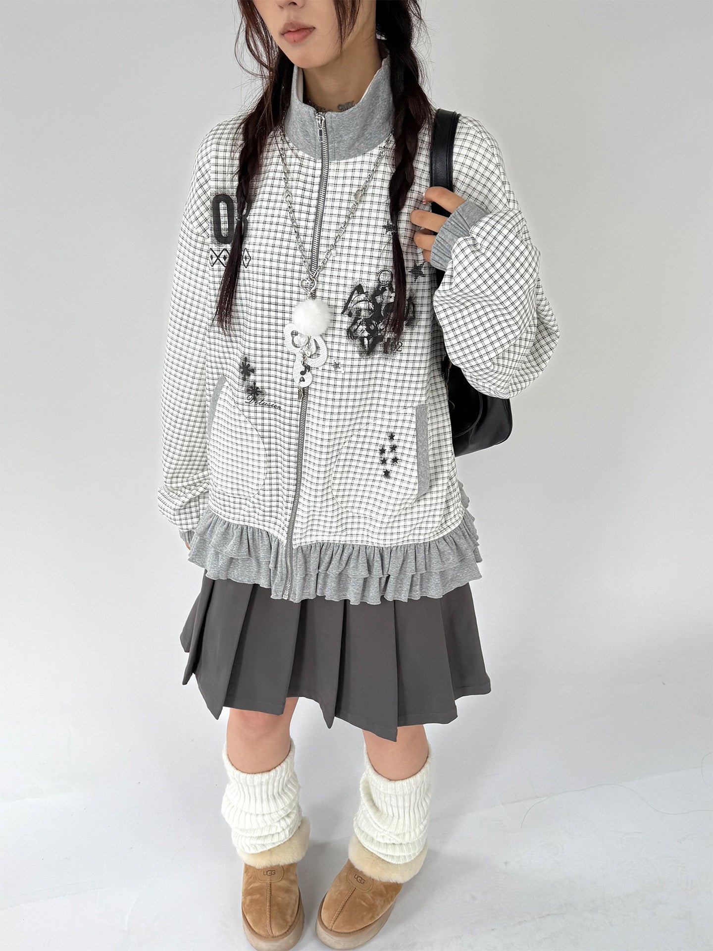 Checkered Ruffle Hem Oversize Zipper Hoodie NA9278