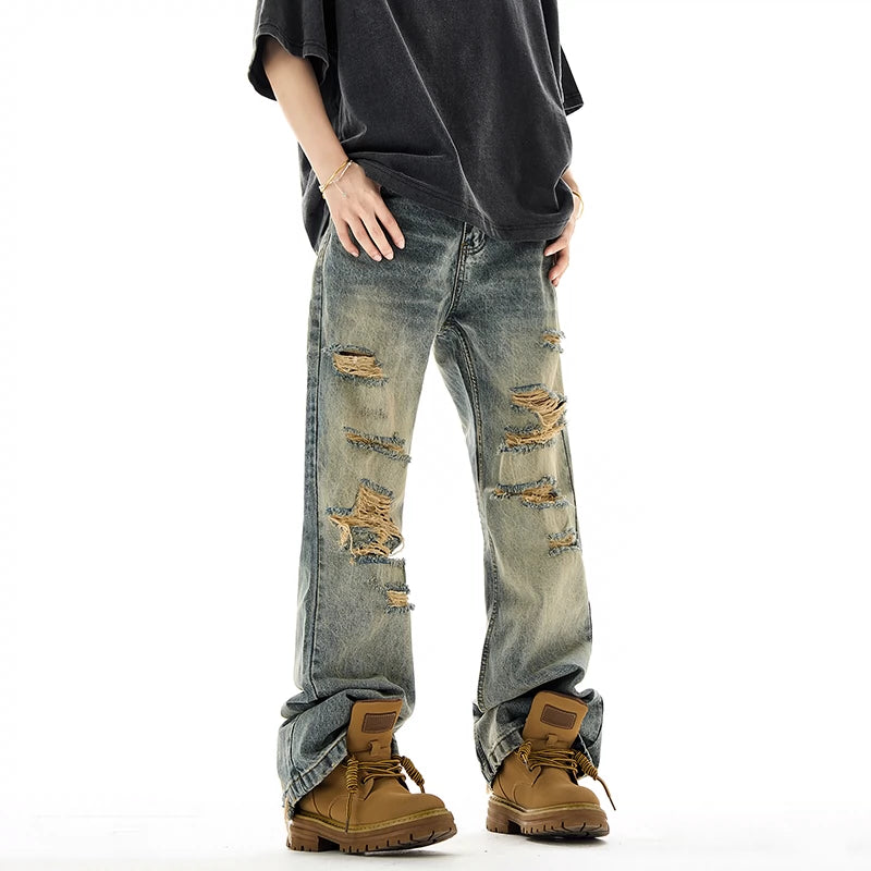 Yellow Mud Dyed Damaged Wide-Leg Straight Denim Jeans NA3128