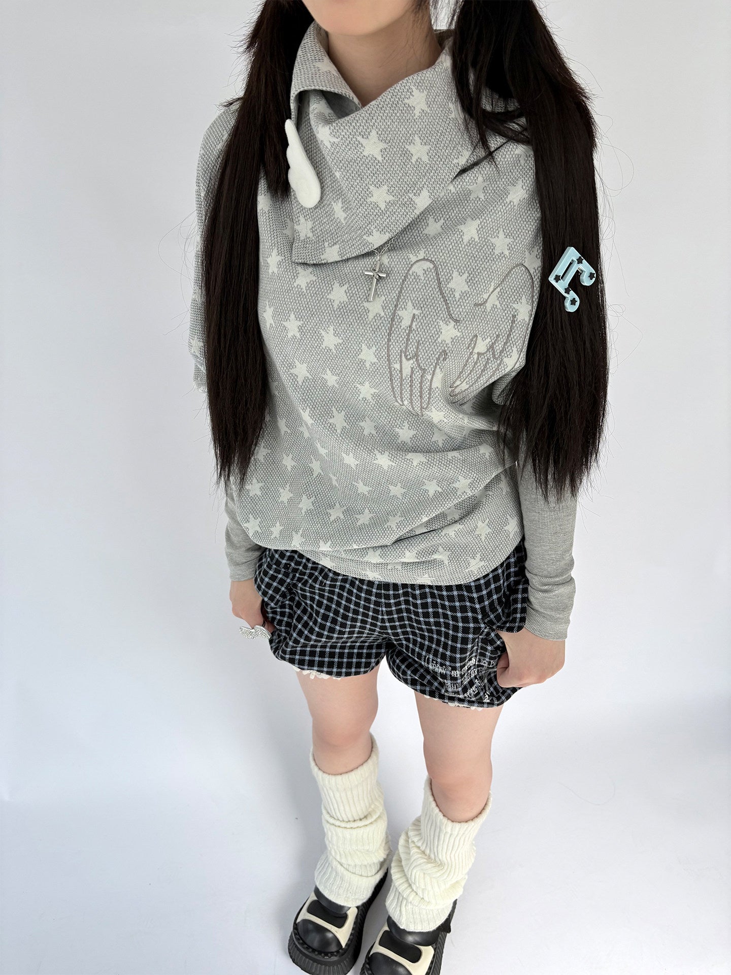 Star Print Asymmetrical High-Neck Long Sleeve T-Shirt NA9267