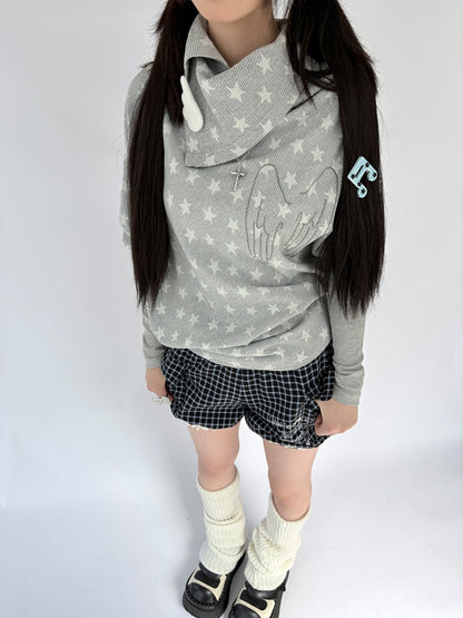 Star Print Asymmetrical High-Neck Long Sleeve T-Shirt NA9267