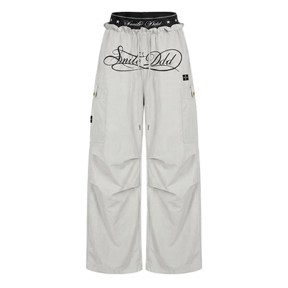 Double Waist Logo Print Drawstring Wide Leg Pants NA8935