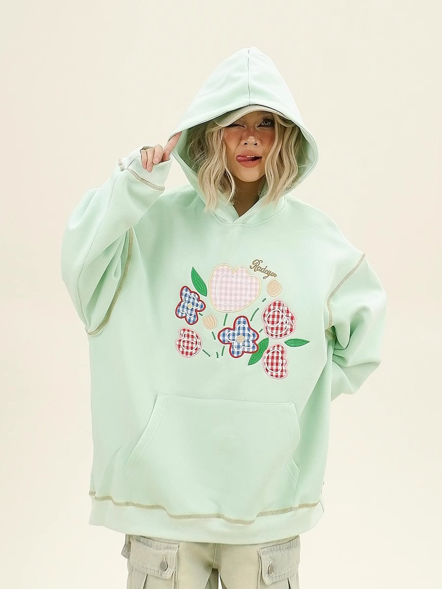 Plaid Floral Embroidery Oversize Hoodie NA6336