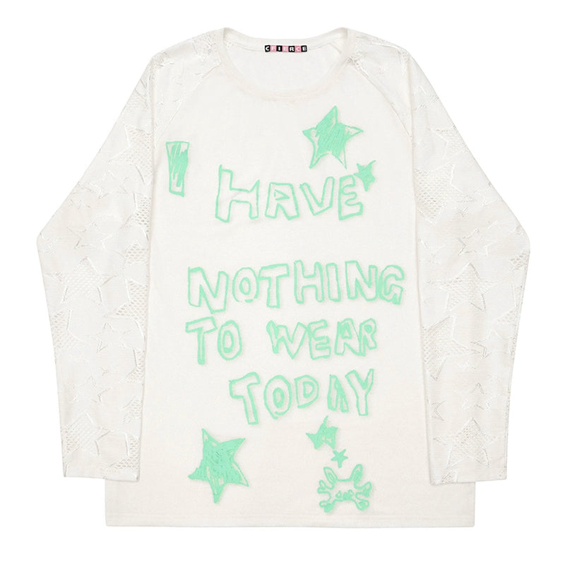 Letter Print Star Mesh Long Sleeve T-shirt NA6651