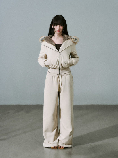 Fake Fur Hooded Zip-Up Jacket & Seatpants Setup NA8846