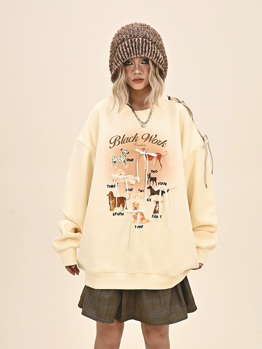 Bow And Dog Print Round Neck Sweatshirt NA6375