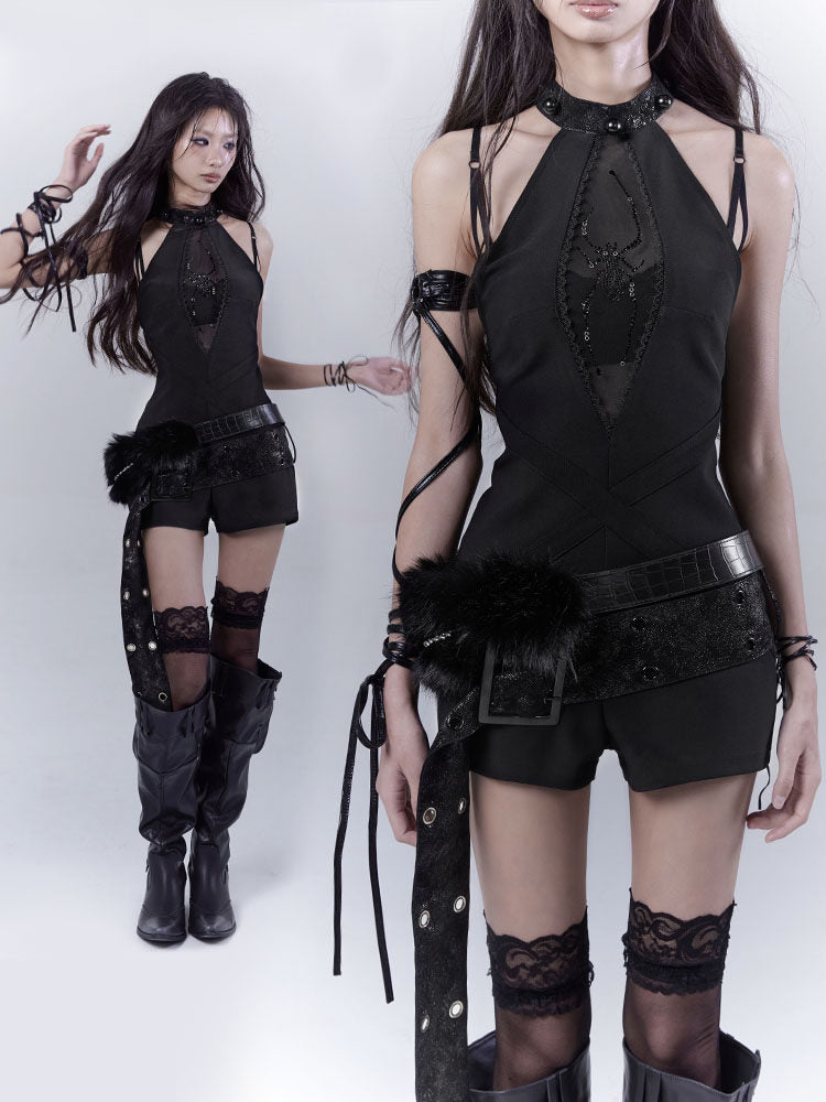 Design Rhinestone Pearl Detail Halter Neck Short Derss & Belt & Inner Camisole ＆ Set NA8532