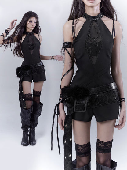 Design Rhinestone Pearl Detail Halter Neck Short Derss & Belt & Inner Camisole ＆ Set NA8532