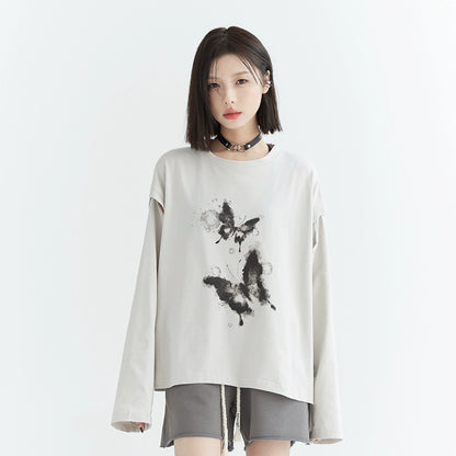 Butterfly Print Oversize Long-Sleeve Top NA2747