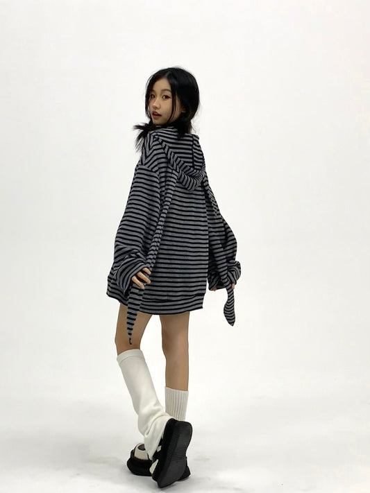 Striped Rabbit Ear Oversize Zipper Jacket & Zipper Coat NA9257