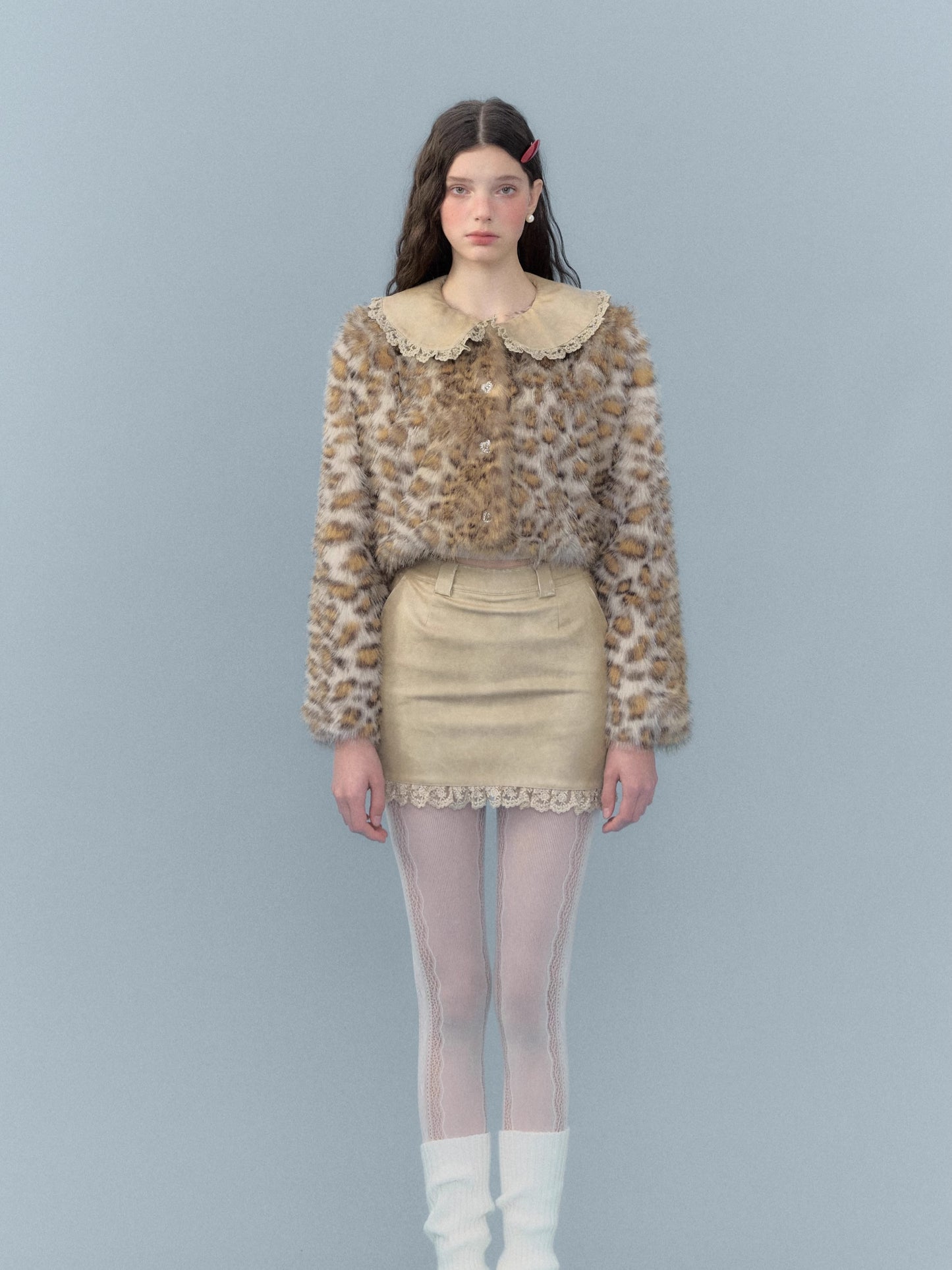 Leopard Print Fur Jacket & Lace Patchwork PU Leather Skirt Setup NA5822