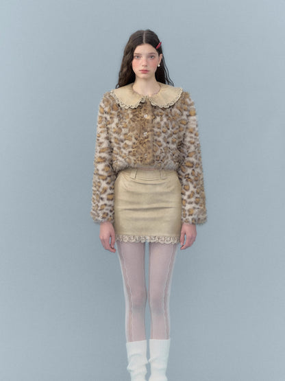 Leopard Print Fur Jacket & Lace Patchwork PU Leather Skirt Setup NA5822