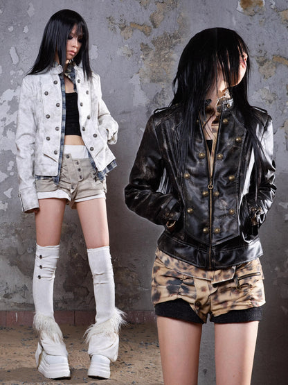 Fake Layered Distressed PU Leather Jacket NA6188