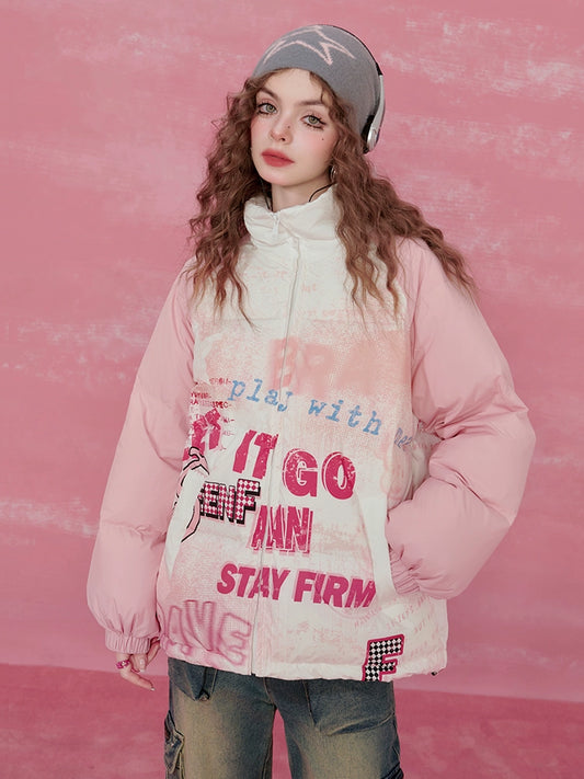 Graffiti Design Oversize White Duck Down Jacket NA6825