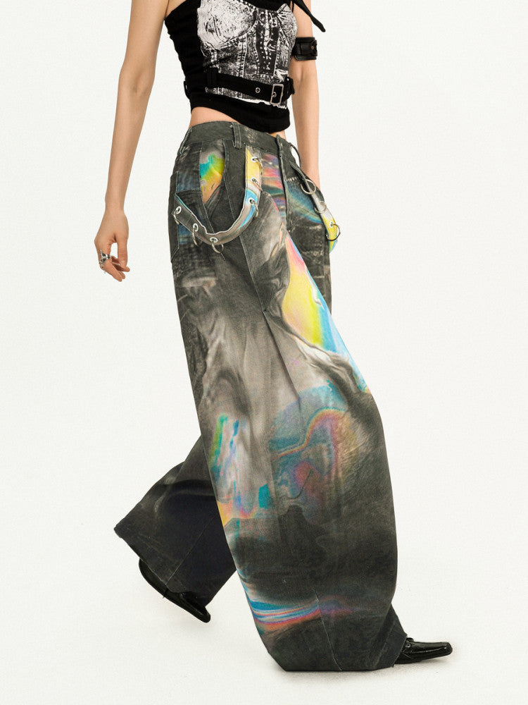 Tie-Dye Wide Leg Color Blended Design Denim Jeans NA8575