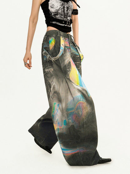 Tie-Dye Wide Leg Color Blended Design Denim Jeans NA8575