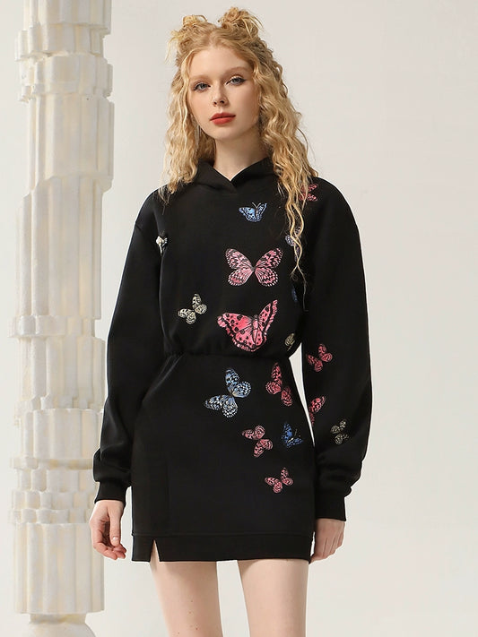 Butterfly Print Hooded Long Sleeve Dress NA5505