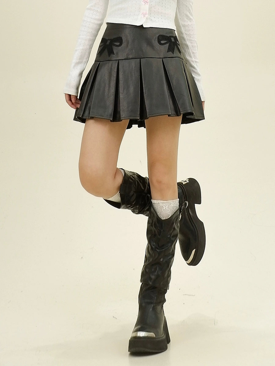 Bow PU Leather Zipper Jacket & Pleats Skirt Setup NA6344