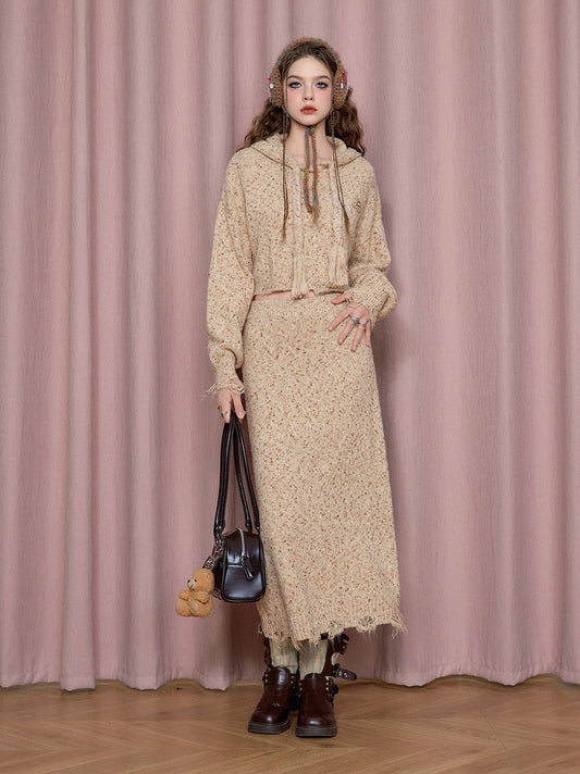 Textured Hooded Knit Sweater & Long Knit Skirt Setup NA6893