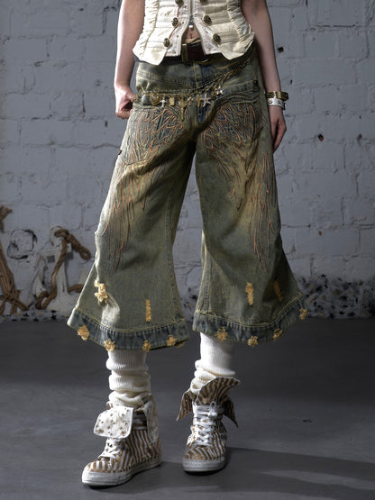 Embroidery Wing Washed Wide Leg Denim Half Jeans NA8970