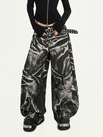 Ripple Pattern Design Wide Leg Denim Jeans NA8593