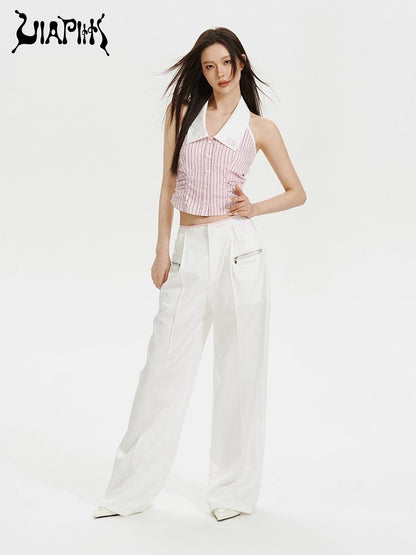 Fashionable Waist Panel Pocket Wide Leg Straight Pants NA5031