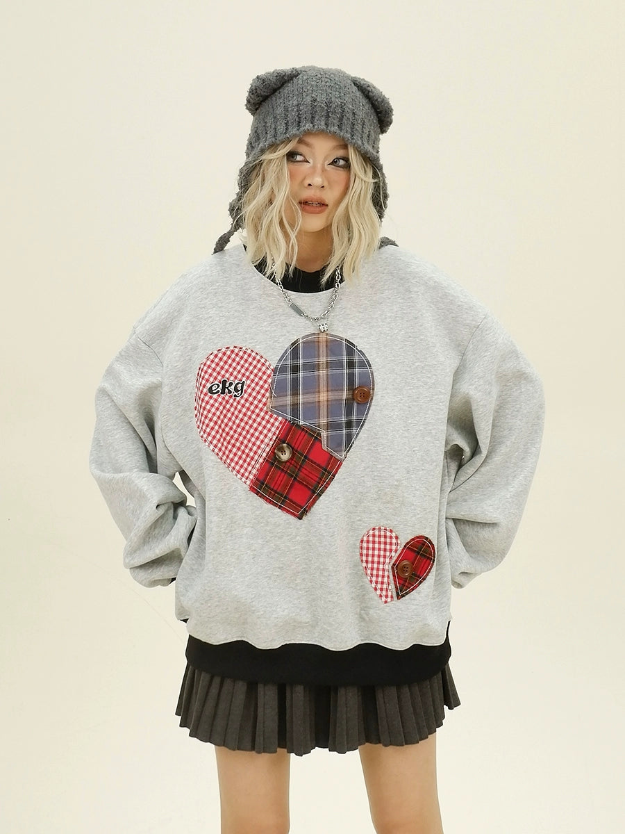 Plaid Heart Design Round Neck Sweatshirt NA6361