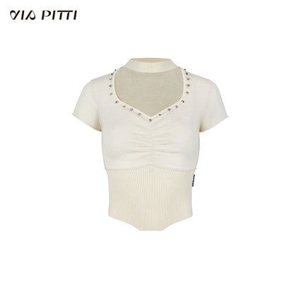 Chocker Neck With Diamond Splice Short Sleeve Knit Top NA4677