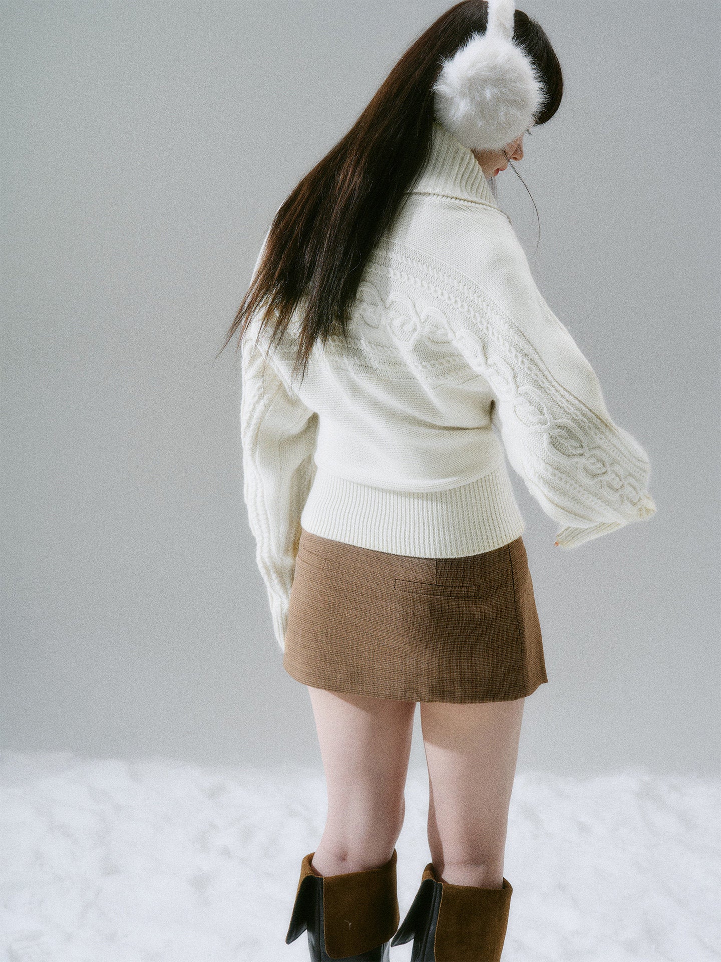 Ribbed Cowl Neck Cable Sleeve Knit Sweater NA8834