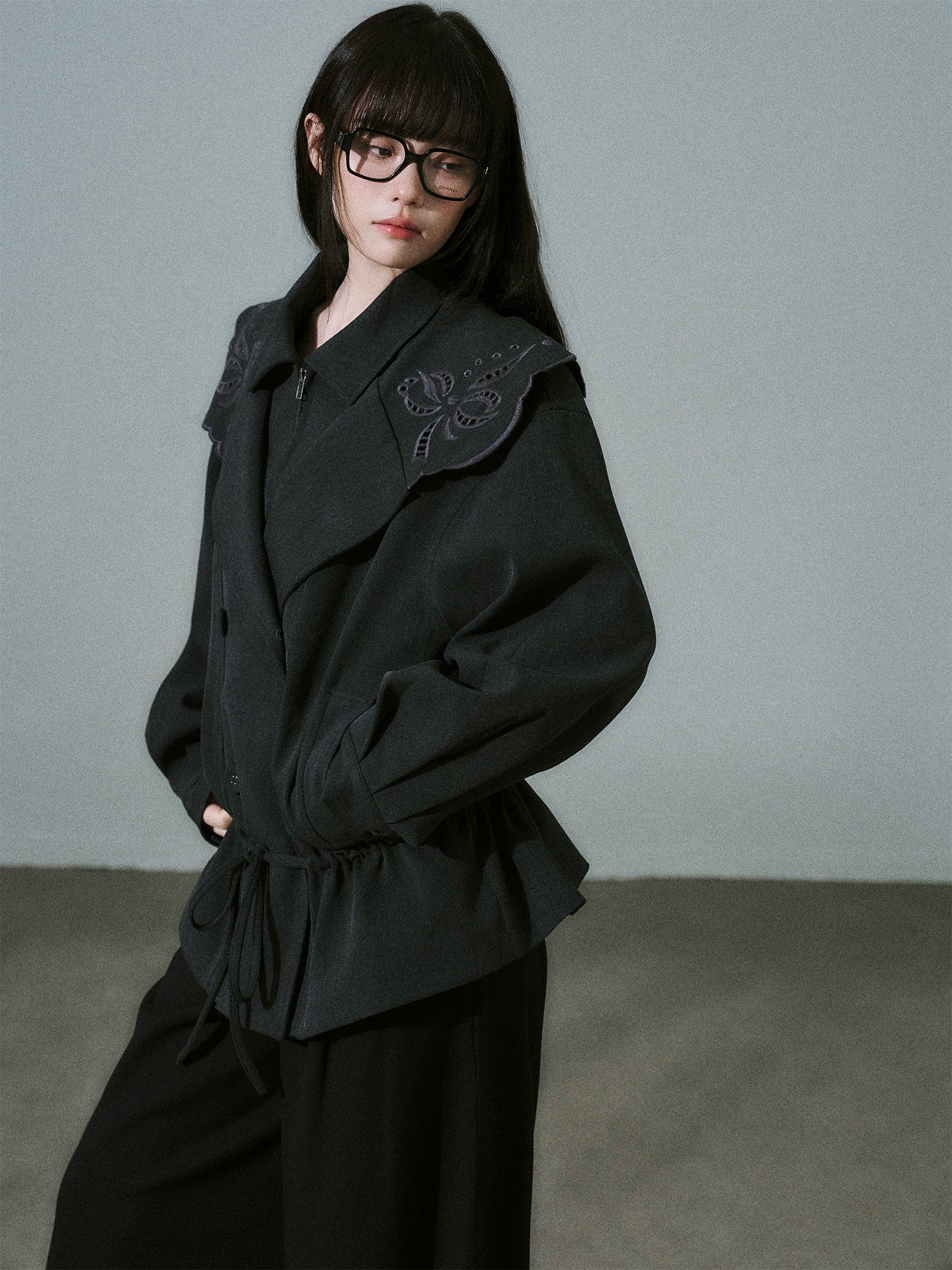 Embroidery Collar Drawstring Waist Double-Breasted Jacket NA8830