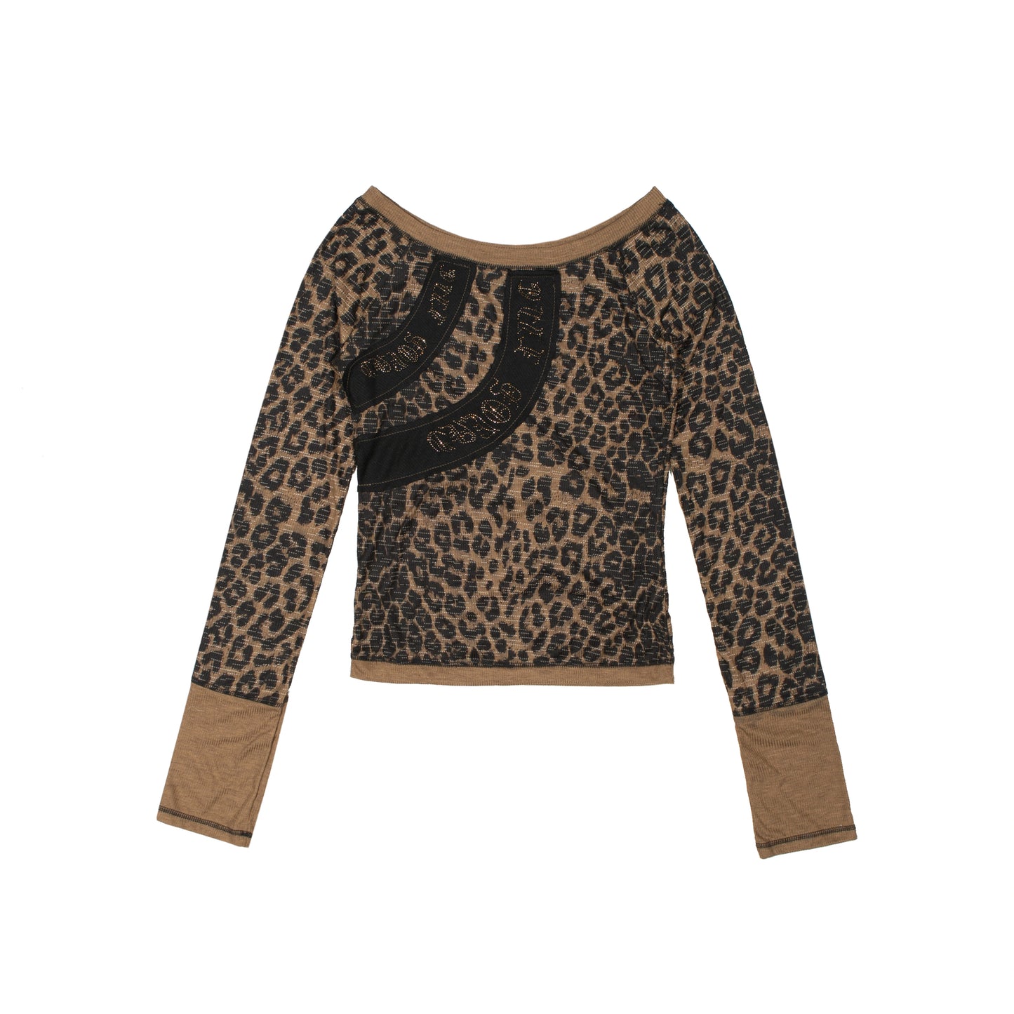 Leopard Print Off-Shoulder Rhinestone Patchwork Long Sleeve T-Shirt NA6186