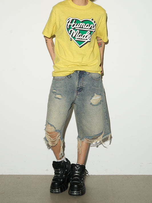 Damage Washed Frayed Hem Half Denim Jeans NA9113